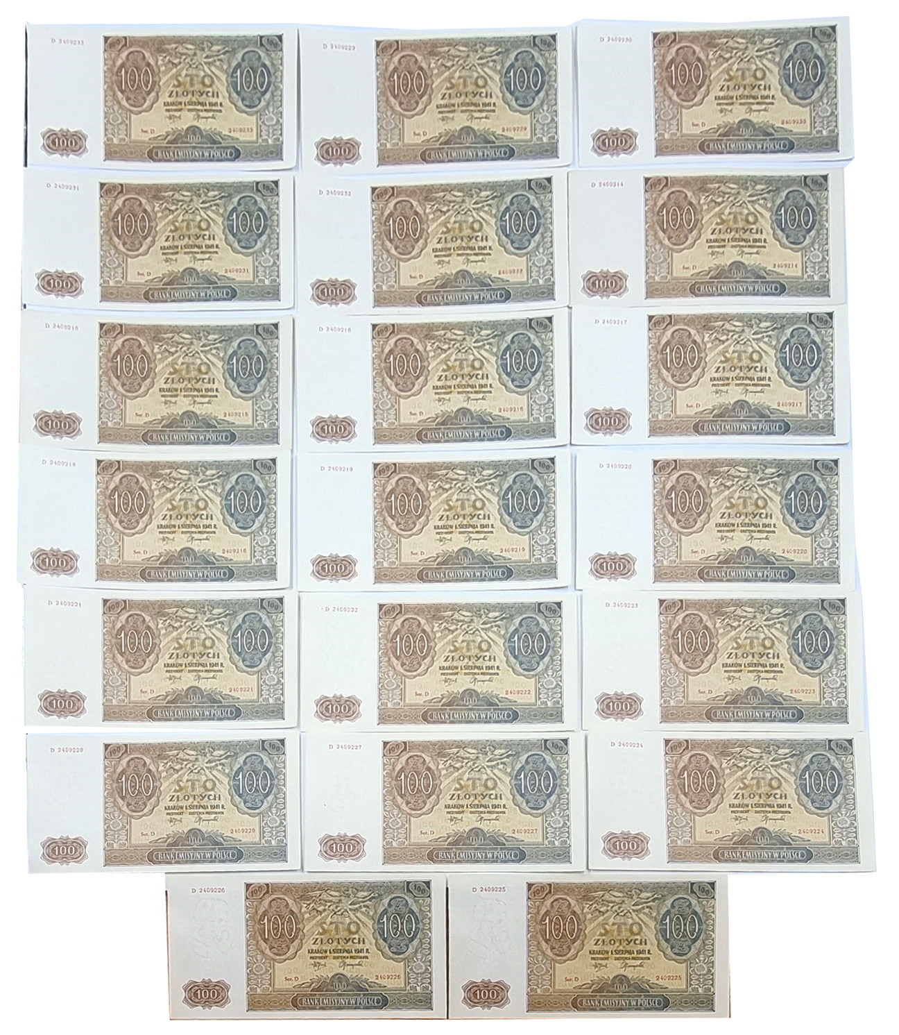 100 złotych 1941 - seria D - zestaw 20 sztuk